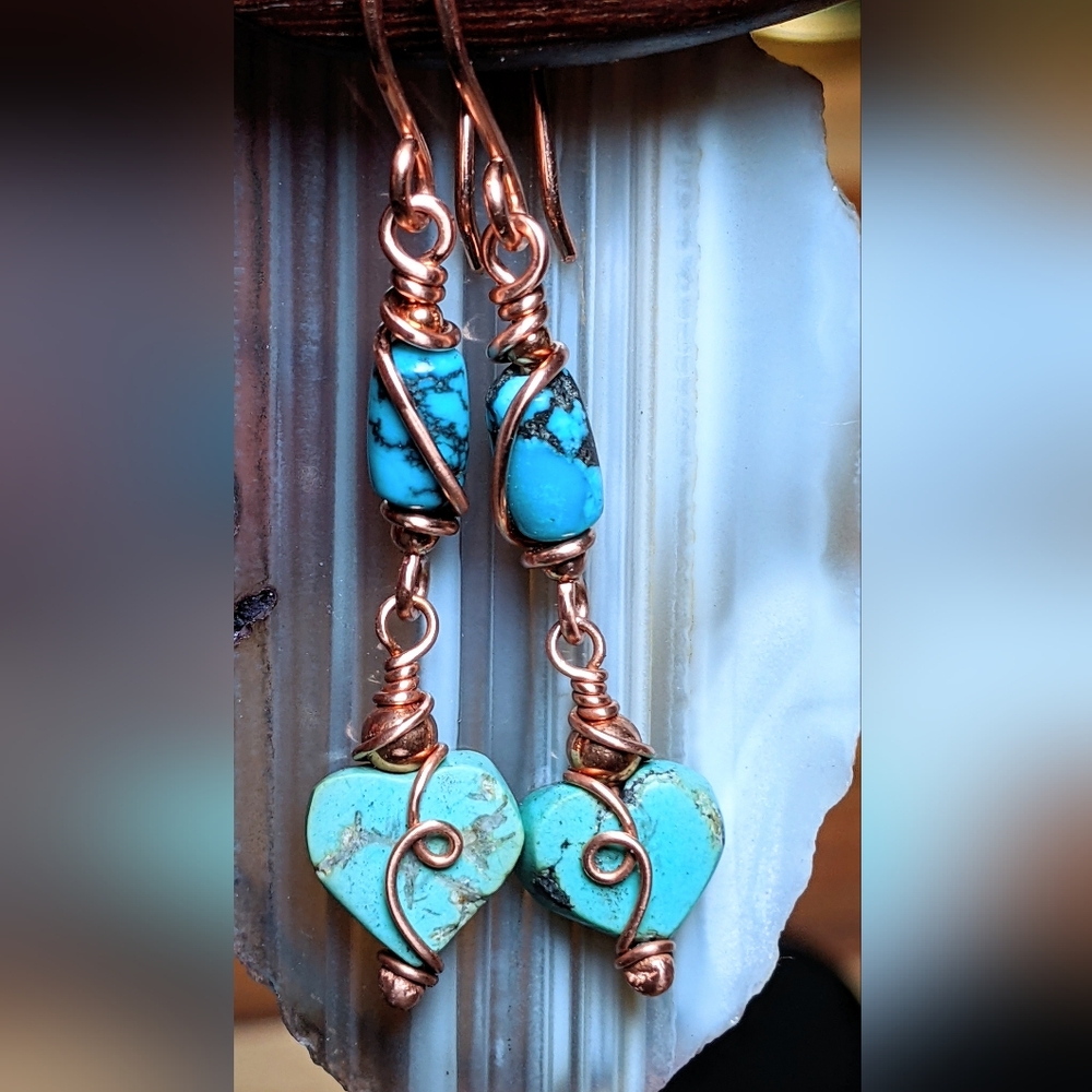 Authentic Turquoise Heart Earrings Copper Wire Wrap Dangle Drop - Picture 5 of 8